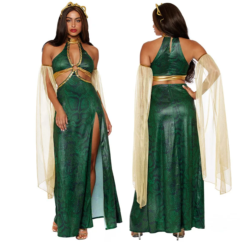 

Halloween Sexy Costumes Women The Gorgon Medusa Ancient Greek Mythological Cosplay Princess Carnival Them Party Sexy Green Dress