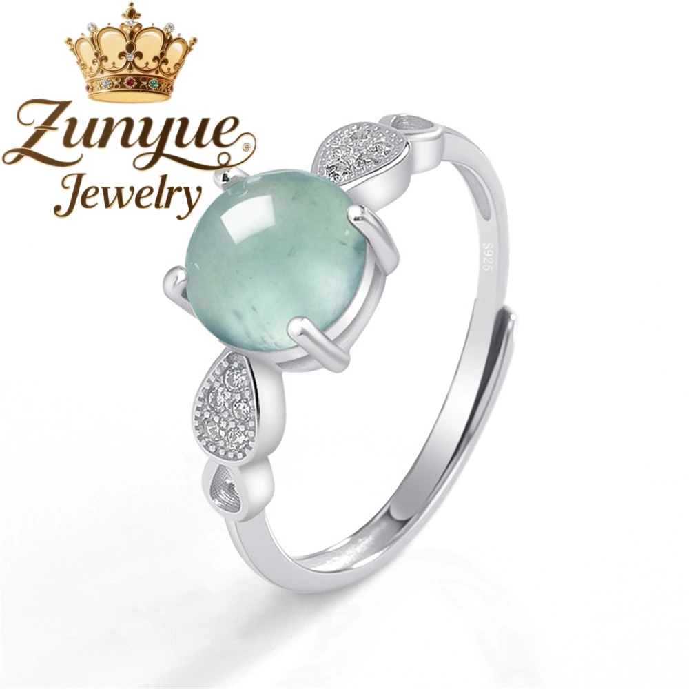 

Natural A-Grade Jadeite Blue Water Egg Surface Ring Ice-Type Jade S925 Silver Set Ring For Women Simple Charms Adjustable Rings
