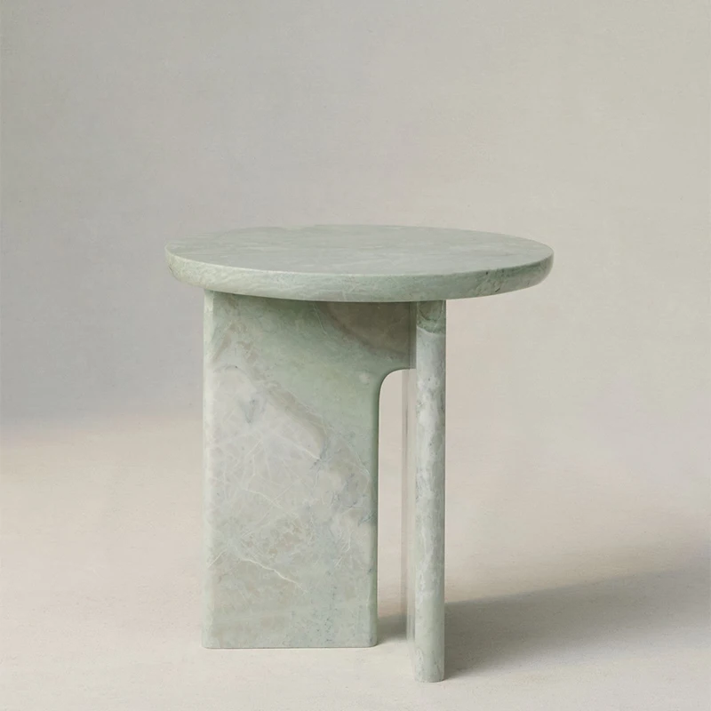 #Artistic Marble Side Table Exclusive Round Top with Asymmetrical Stone Pillar Sculptural Modern Living Room Accent Side Table