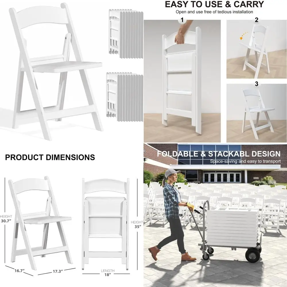 Cadeiras dobráveis de resina com almofadas - Pacote de 20 cadeiras de plástico leves brancas para assentos confortáveis e dobráveis fáceis.