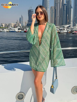Beach Gauze Striped Green Women Mini Dress Fashion Sheer Long Sleeve V Neck Metal Ring Robe 2025 New Summer Female Seaside Robes