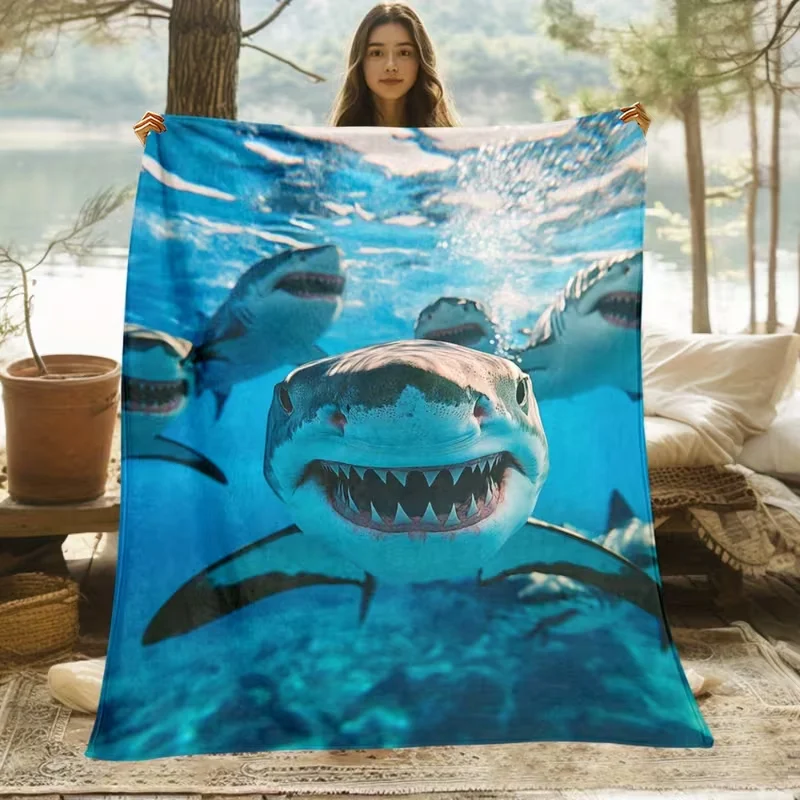 Great White Shark Print Blanket Underwater Ocean Animal Cozy Soft Blanket for Sofa Bed Couch Cool Marine Themed Home Blanket