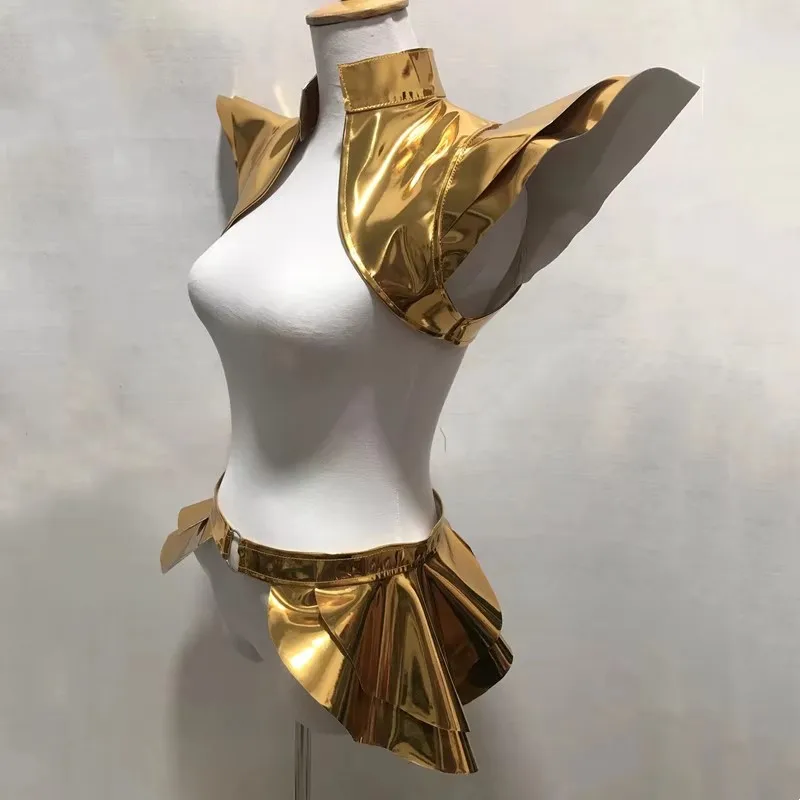 النساء ملابس رقص الجاز الذهب والفضة براءات الاختراع والجلود تحلق منصات الكتف تنورة أداء الملابس ملهى ليلي Gogo المرحلة زي