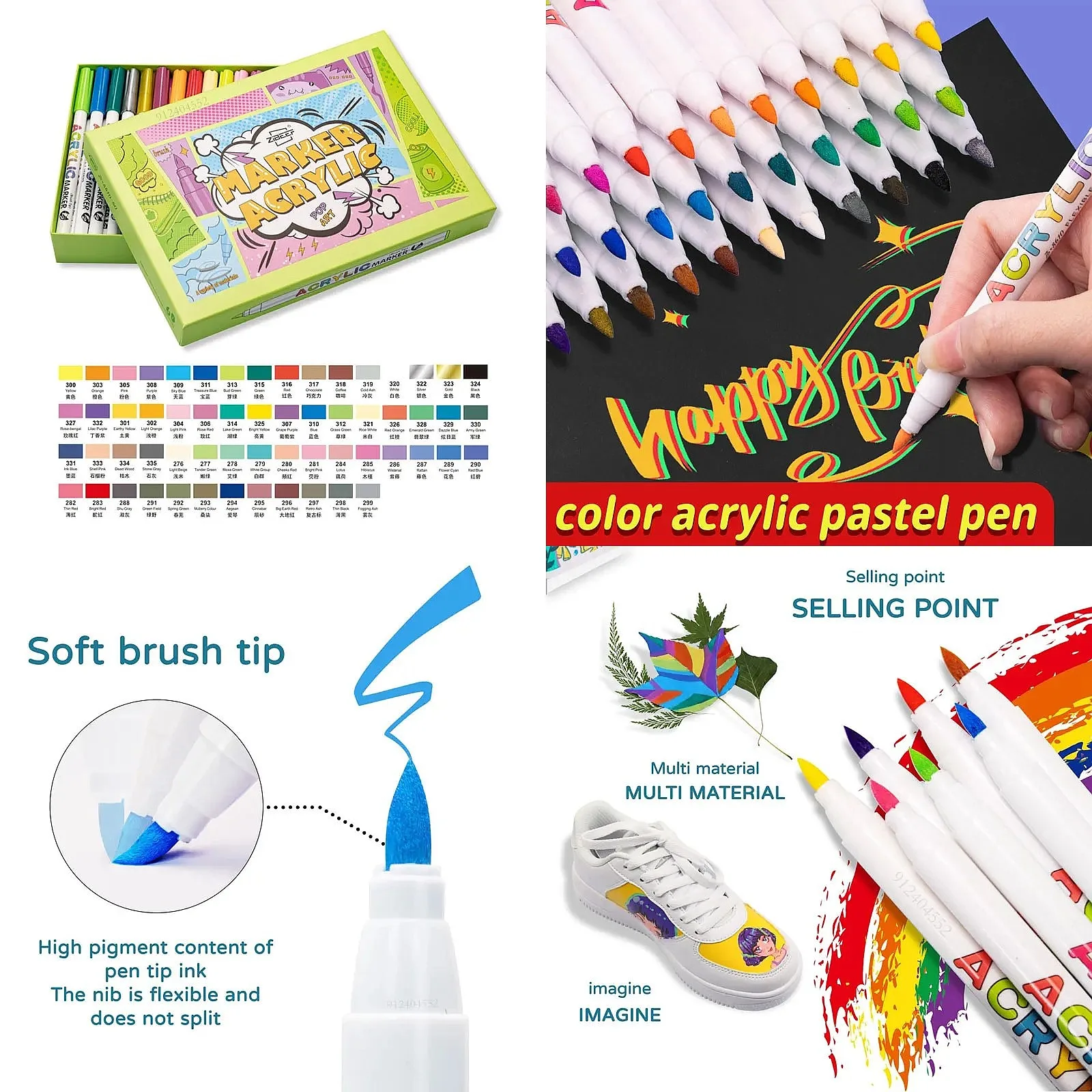 18/60 Color Acrylic Paint Pens Brush Tip Marker for Rock Painting Glass Ceramic Fabric DIY Card Making Art Supplies