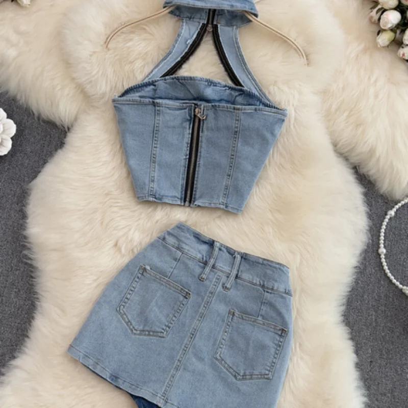 Denim Kurzen Rock Set Open Back Spicy Mädchen Frühling Sommer Neue Vintage Hängenden Hals Sexy Party Kurze Top Hälfte Zwei stück Set