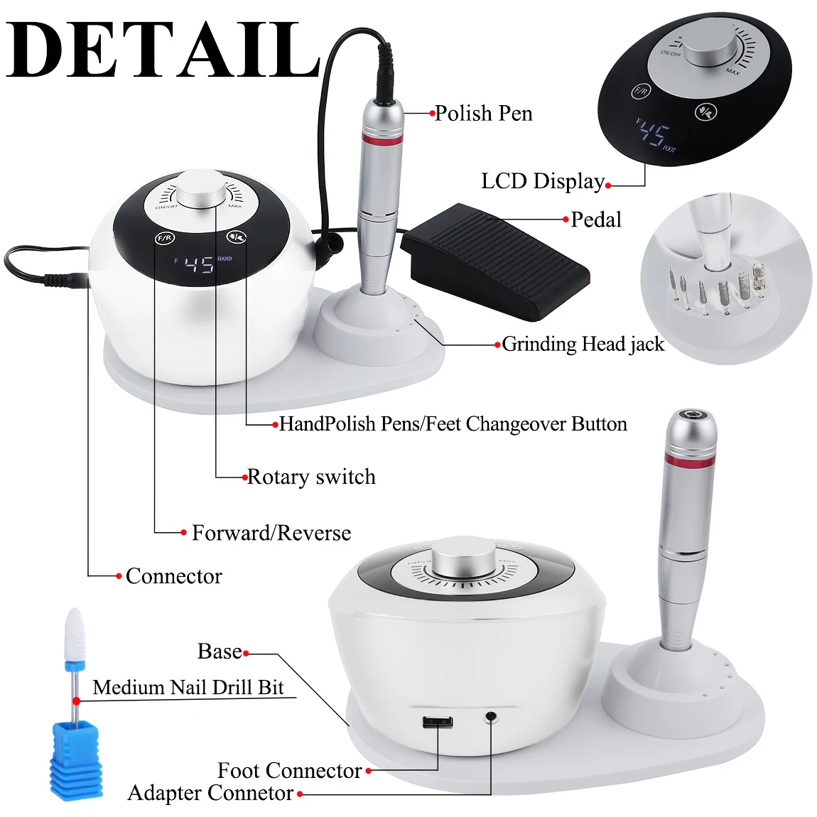 Upgraded Professional White 45000 RPM Electric Nail Grinder, Low-Noise Nail Care with Sanding Head, Hand & Foot Care Equipment