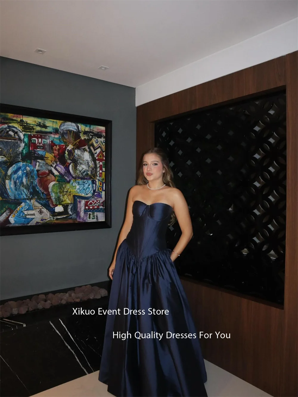 Xikuo azul marinho vestido de noite até o chão uma linha sem alças elegante vestido de festa de casamento vestido de baile vintage personalizado