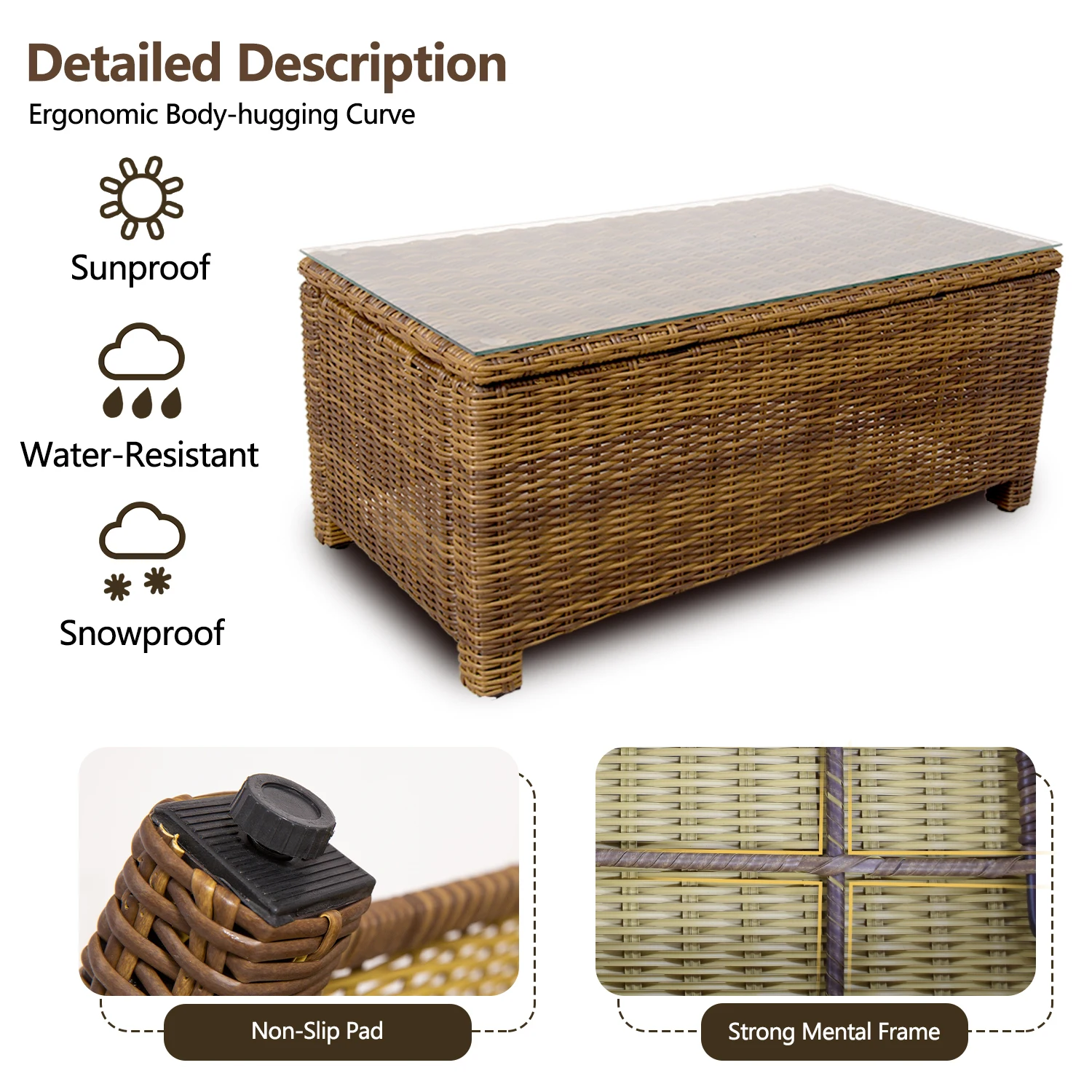 Table basse rectangulaire en rotin pour l'extérieur, petite table d'appoint carrée, dessus en verre, tous temps, étanche, PE, WUNICEF