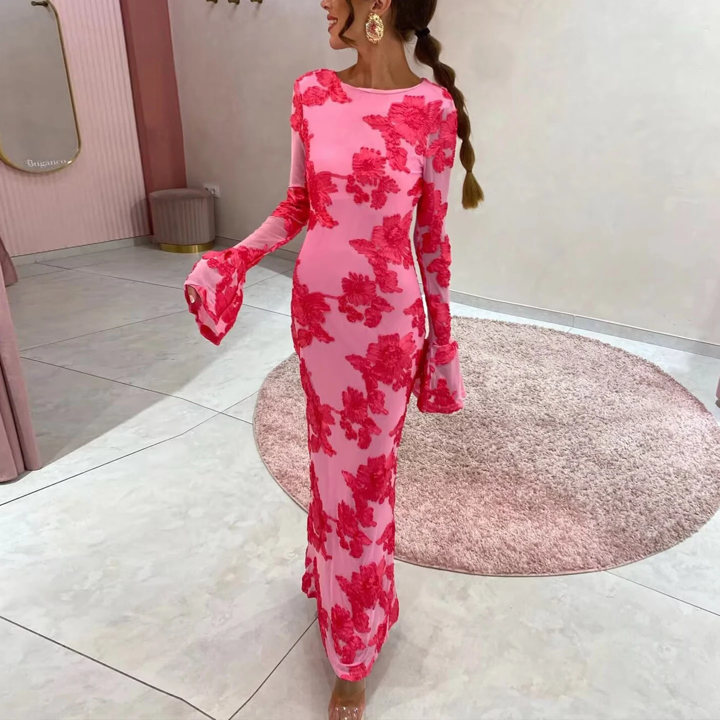 Ele Tee-Color Bell Sve Bodycon Dr Z Women's Faion Sle Slim Fit Wrap around Midriff Gown โพลีเอสเตอร์ไฟเบอร์