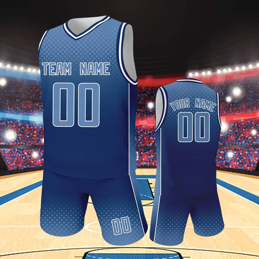 

Custom Kids Basketball Jersey Blue Gradient Printed Letter Number Team Uniforms Sports Jerseys Shirts for Boys Girls Fans 3-14Y