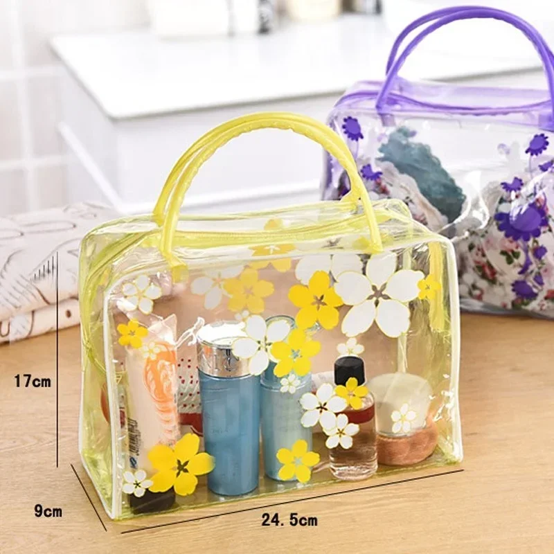 Women Floral Transparent Cosmetic Bag Travel Makeup Wash Bag Clear Handbag Bathing Underwear Toiletries Storage Waterproof Pouch