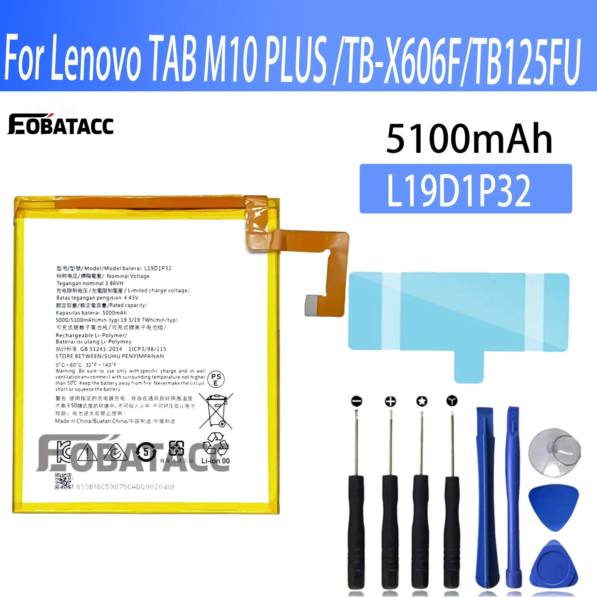 

100% New Original Battery L19D1P32 For lenovo TAB M10 PLUS /TB-X606F/TB125FUBattery + Free Tools