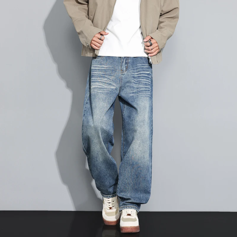 Calças de brim do vintage dos homens outono nova lavagem moda personalidade em linha reta calças casuais coreano streetwear masculino calças jeans