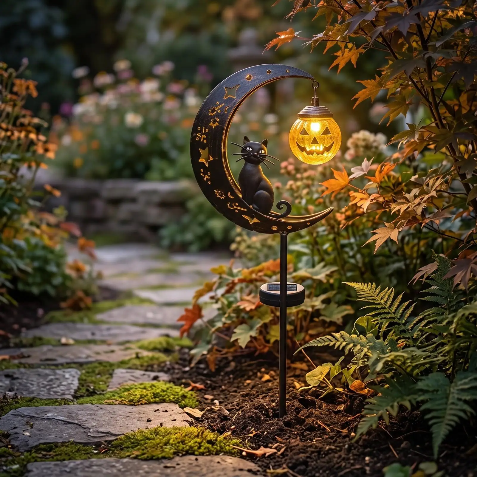 Solar Garden Stake Light Black Wrought Iron Cat Design Hanging Lantern for Outdoor Pathway Lighting
