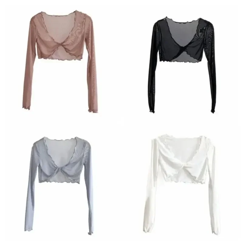 1PC Casual Pleated Mesh Knot Long Sleeved Sun Protection Top for Women's Beach Wear Ladies' Top