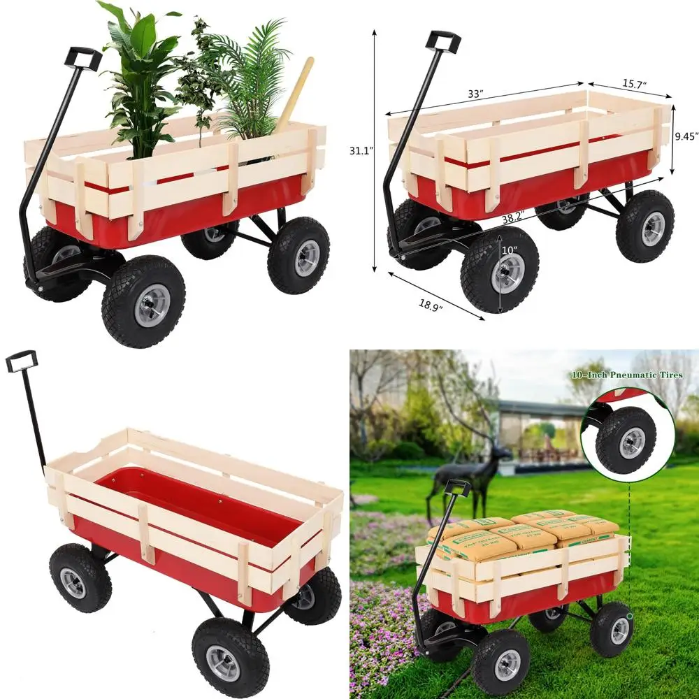 

All-Terrain Cargo Wagon with 10 Inch Air Tires, Steel and Wooden Side Support for Kids, Garden, and Cargo Hauling