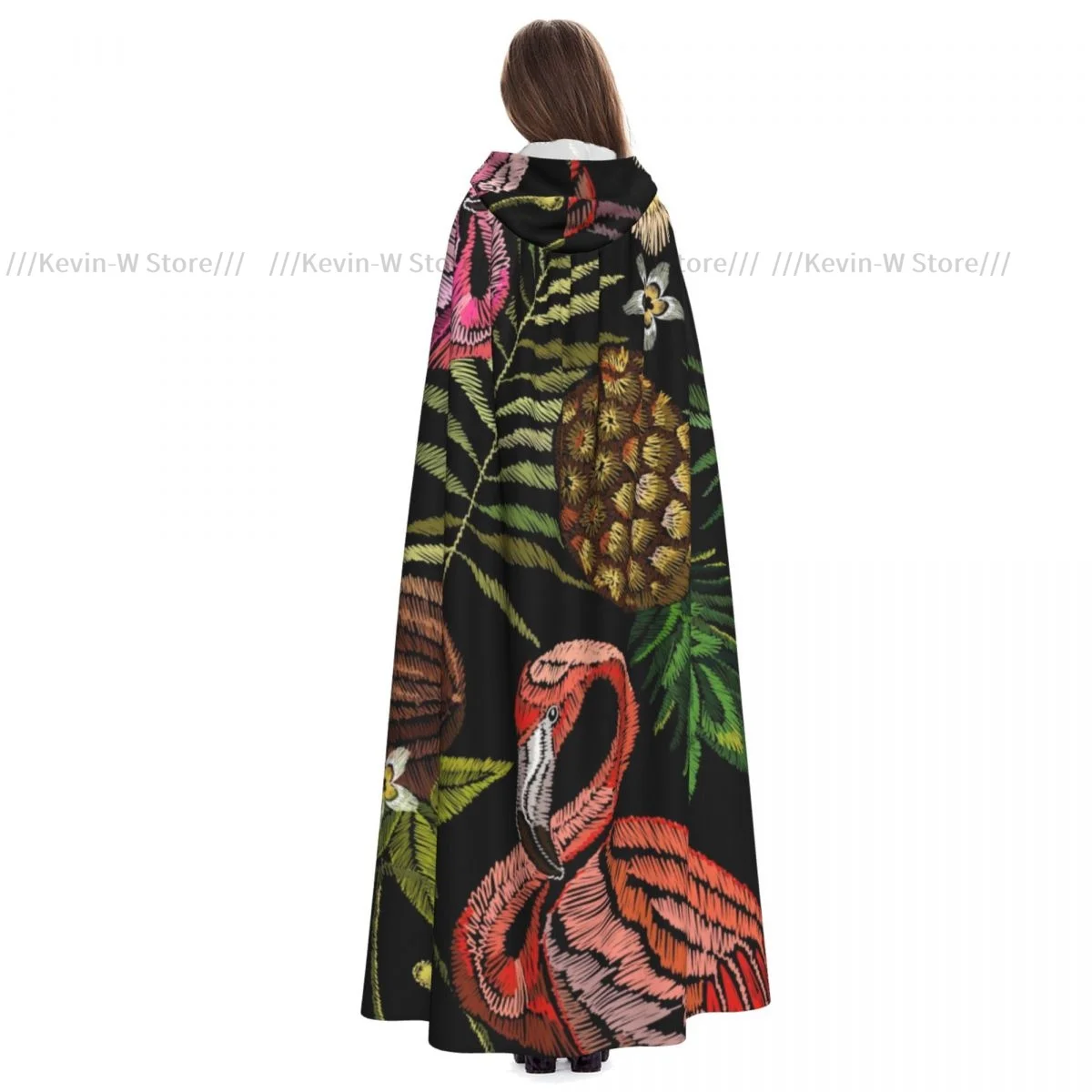 Unisex Witch Party Reversible Hooded Adult Vampires Cape Cloak Embroidery Tropical Flamingo Palm Tree Leaves Pineapple Coconut view 3