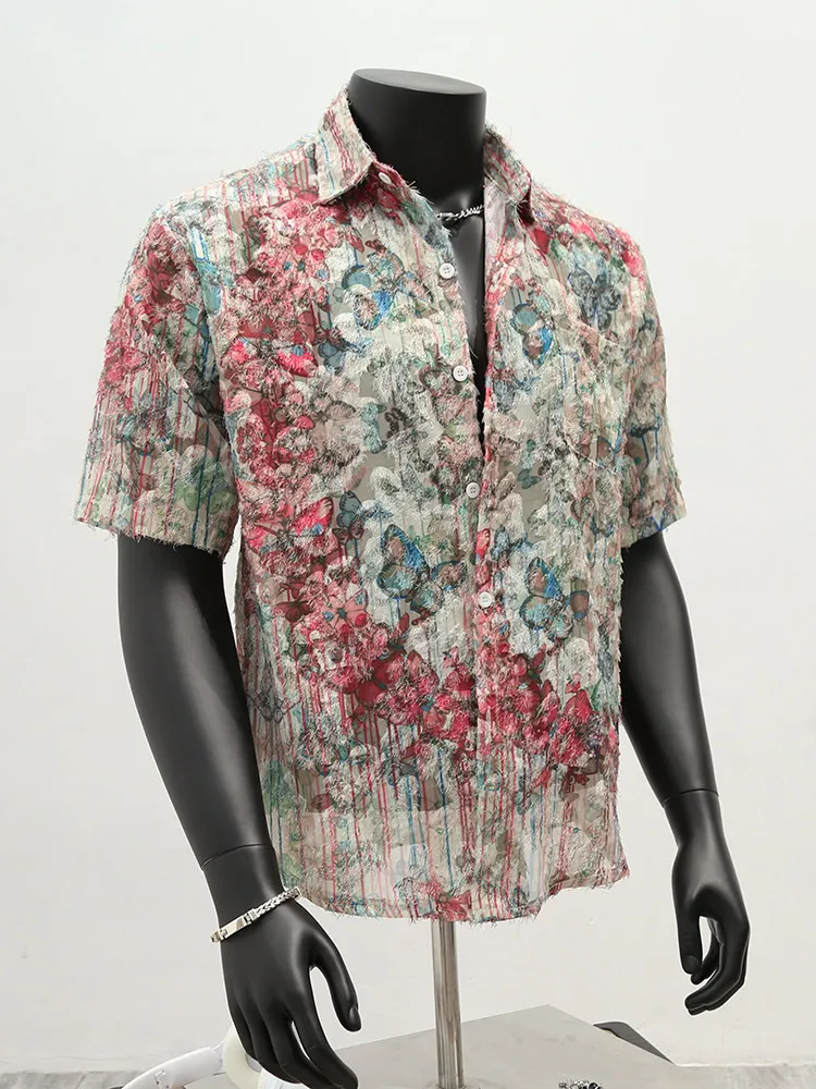 2026 Summer New Men's Loose Street Casual  Style Daily Wear Colorful Butterfly Tie Dye Tassel Lapel Short Sleeve Shirt