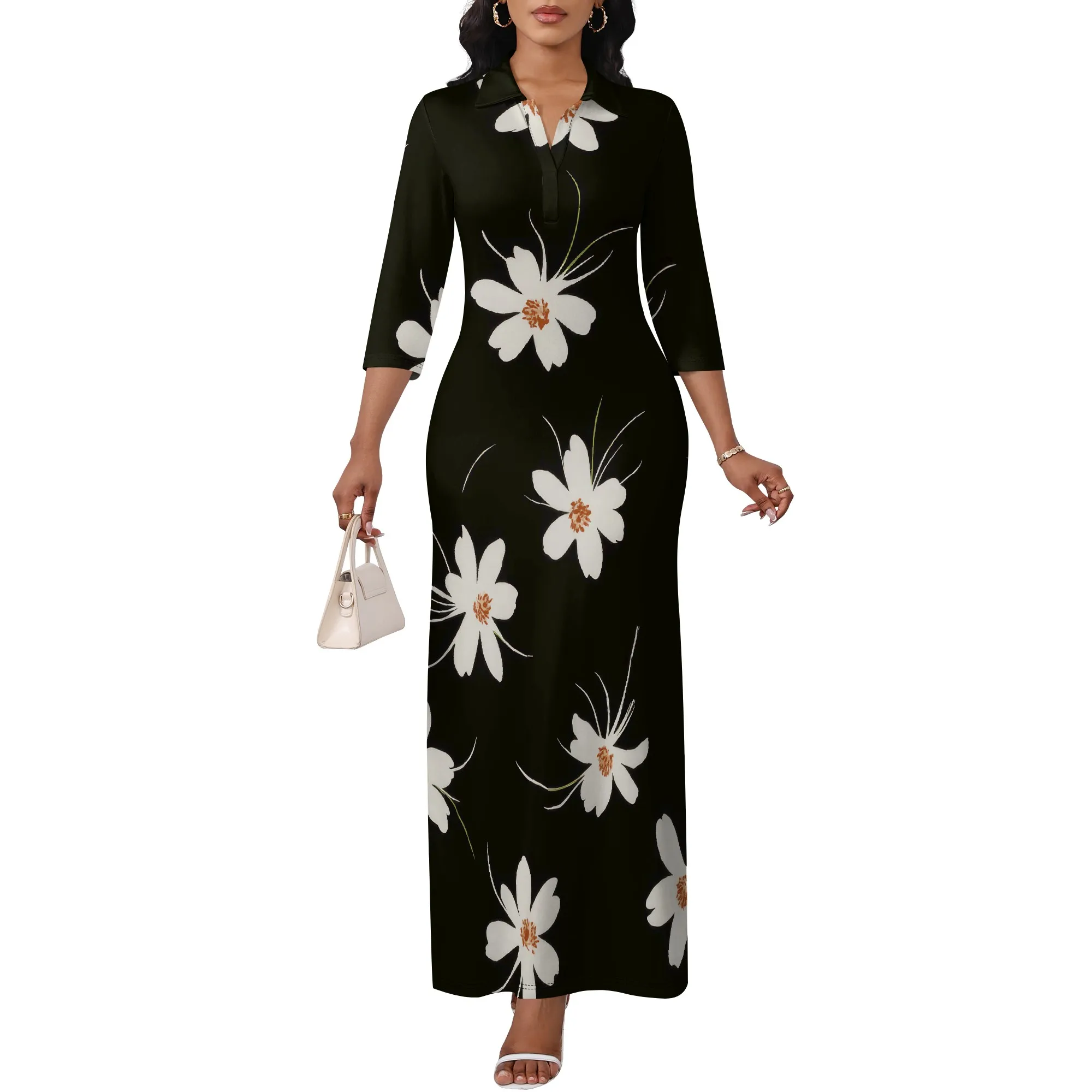 Abito lungo da donna Kawaii a maniche lunghe estivo con fiori piccoli. Abito girocollo ampio