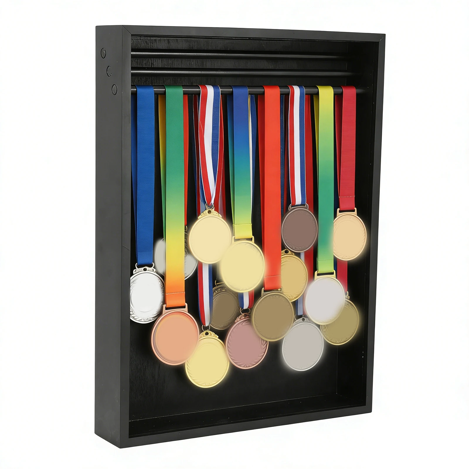 Wooden Medal Display Case 15x22in Wall Mount with 3 Hanging Rods Holds 60+ Medals for Runners Soccer Gymnastics All Sports