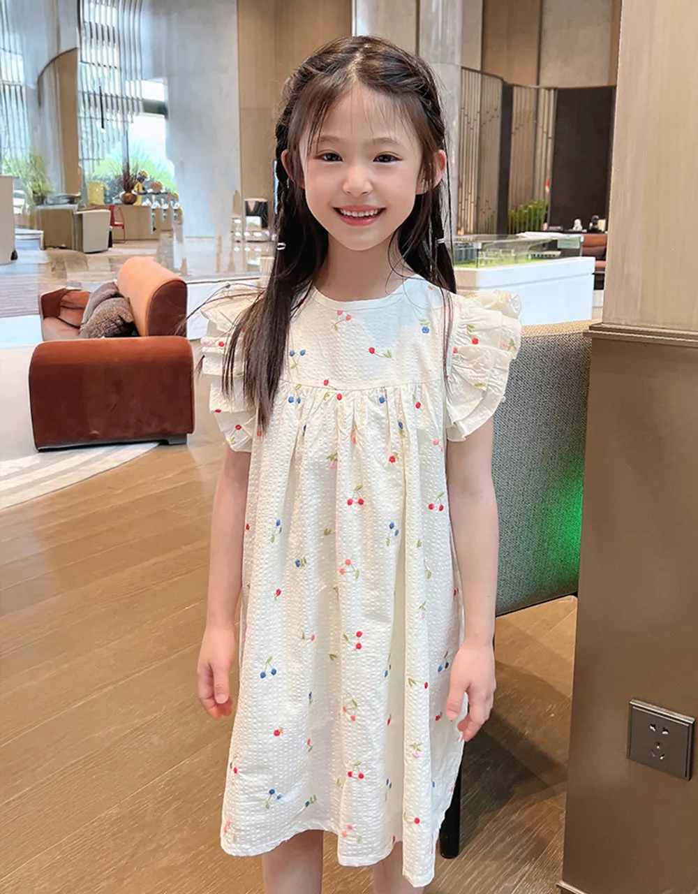summer dress kids girl clothes baby dress Colorful cherry pattern embroidery Bubble cotton comfortable girls' dress