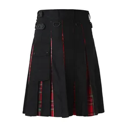 Men's Fashion Casual Scottish Style Half Bodies Skirts Plaid Contrast Pleated Skirts With Pockets Gothic Punk Vintage Kilt