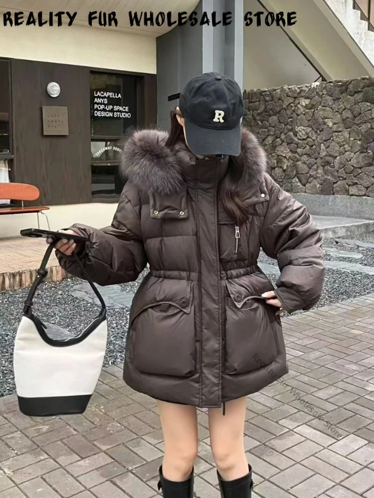 Women Winter Genuine Fur Coat Hooded Fur Coat Tied Waist Zipper Closure Thick Oversized Outerwear Stylish for Cold Climate Days