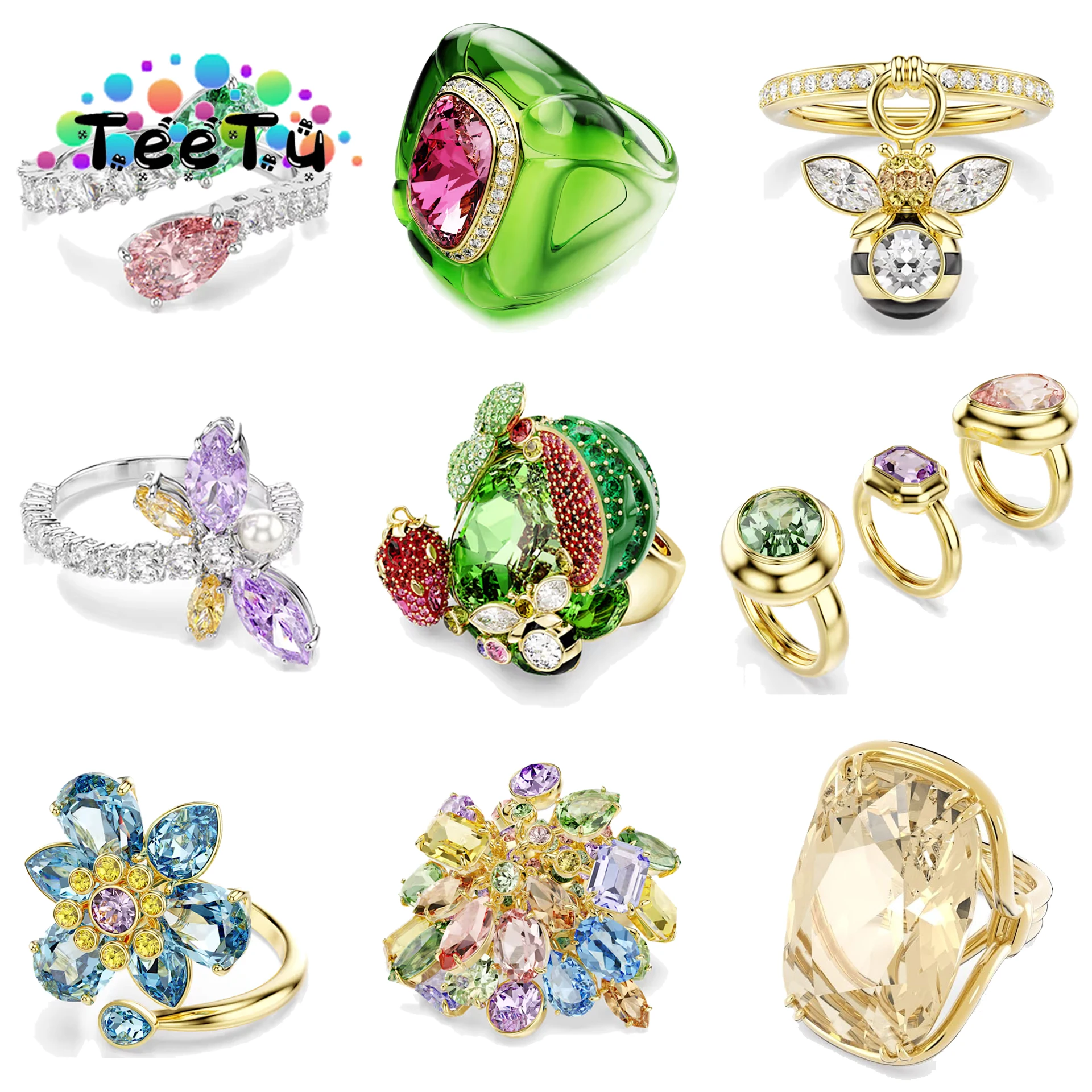 Original Cocktail Party Rings 2026 New Trend Luxury Crystal Jewelry Charm Pink Flower Gold Geometric Crystal Ring Gift for Women