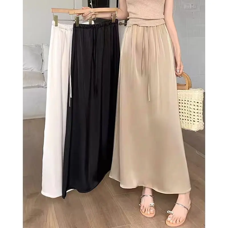 

Women Commute Casual Loose Straight Skirts Summer Elegant Solid Color Drawstring Waist Long Skirts