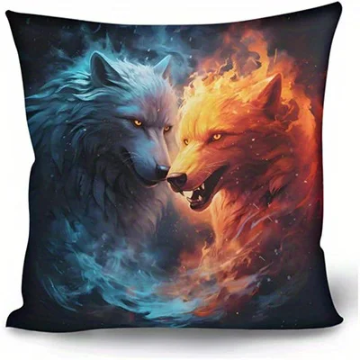 Home Decor Fiery Wolves Artistic Pillow Covers Pattern Cushion Cover Suitable for Sofa Bedroom Car Pillow Cover