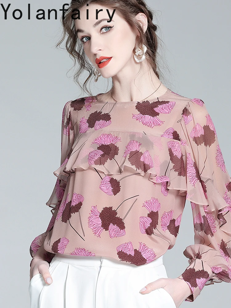 YOLANFAIRY 100% Real Mulberry Silk Ruffle Blouse Femme 2025 Autumn High-end Long Sleeve Shirts Woman Elegant Ladies Tops Blouses
