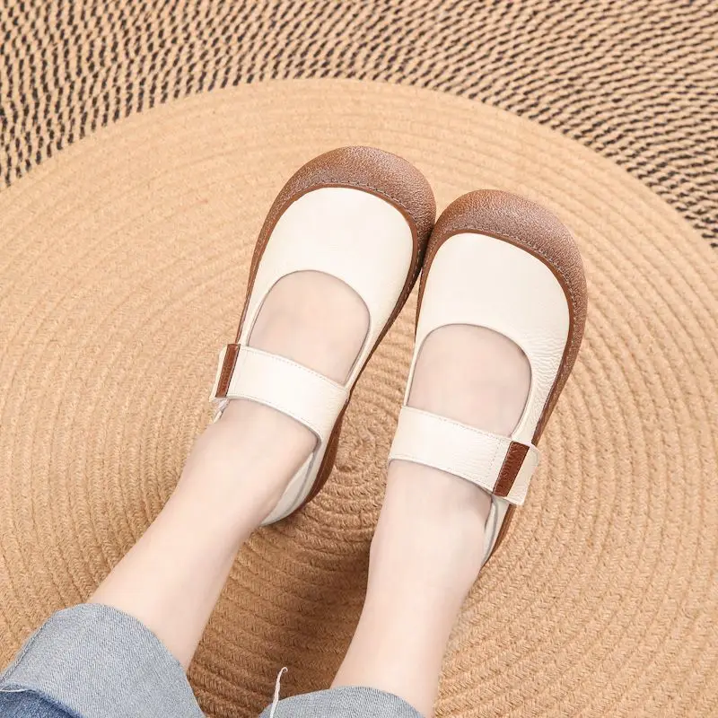 أصيلة جلد البقر الأصفر المرأة الشقق الصيف ماري جين أحذية لينة Strappy متعطل اليومية عارضة أحذية السيدات تنفس
