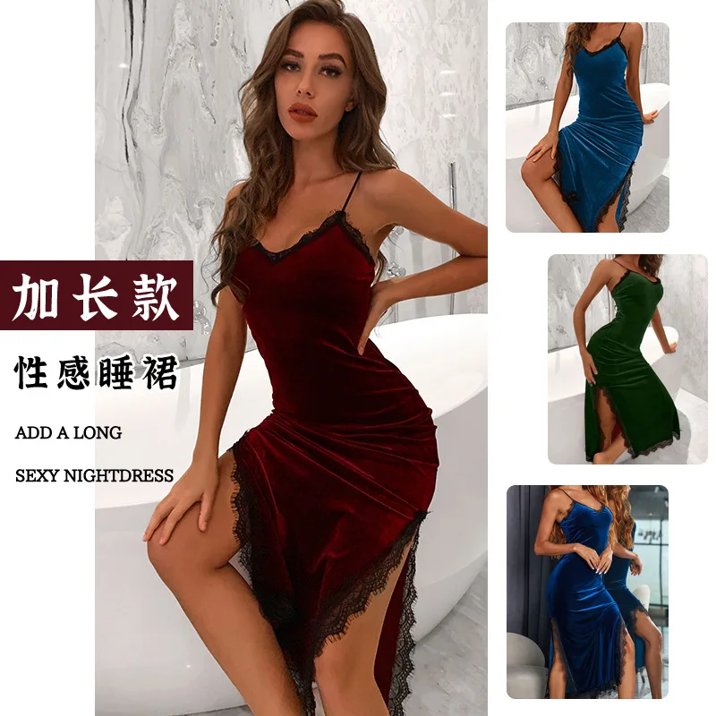 Women Navy Velvet Midi Slip Dress Thin Spaghetti Strap V Neck Lace Trim Side Slit Bodycon Soft Night Lingerie Sleep Dress 5Q4V