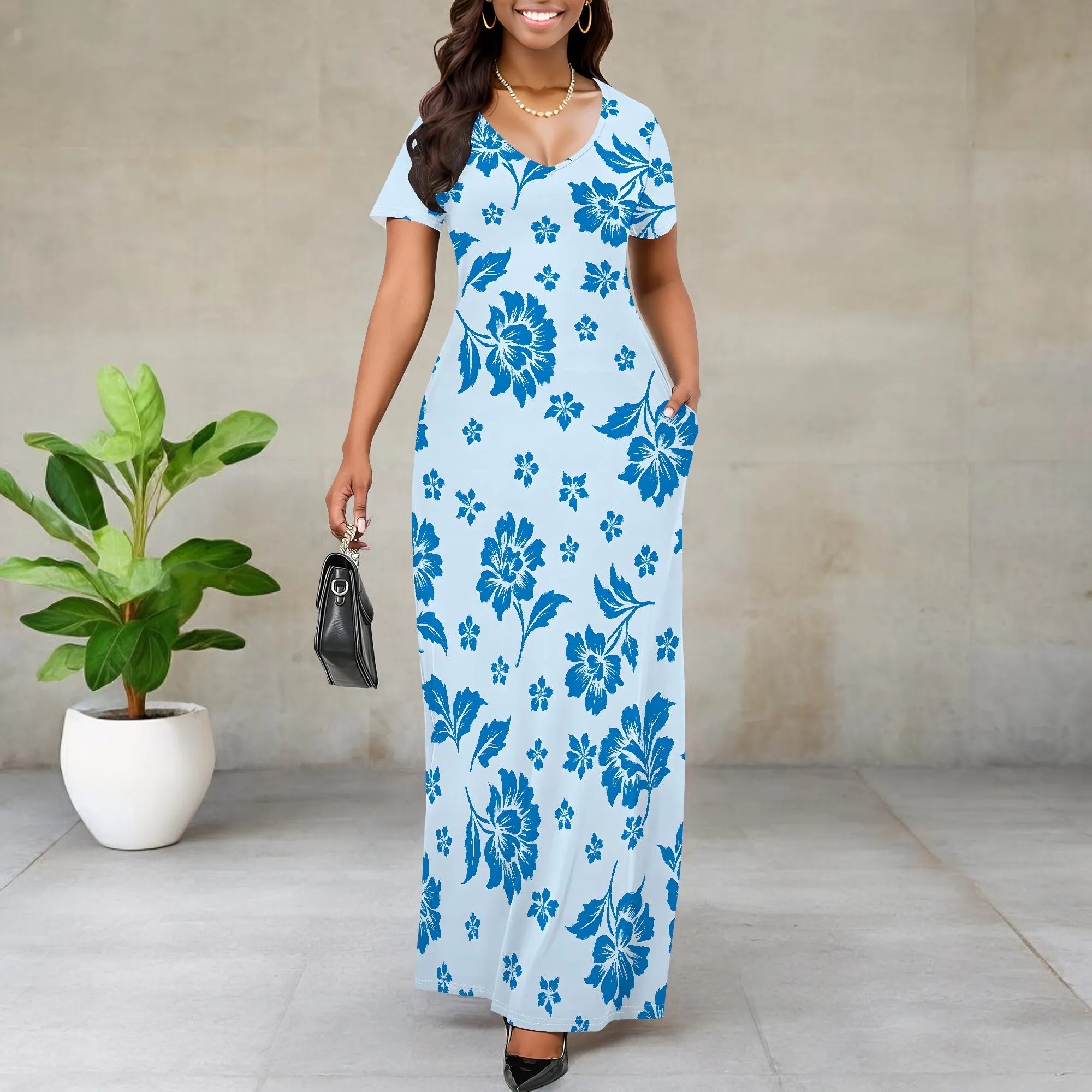 ชุดเดรสฤดูร้อนสตรี 2025 พัฟลําลองแขนสั้น V คอดอกไม้ Boho ฉัตร Ruffle Maxi Dress พร้อมกระเป๋า