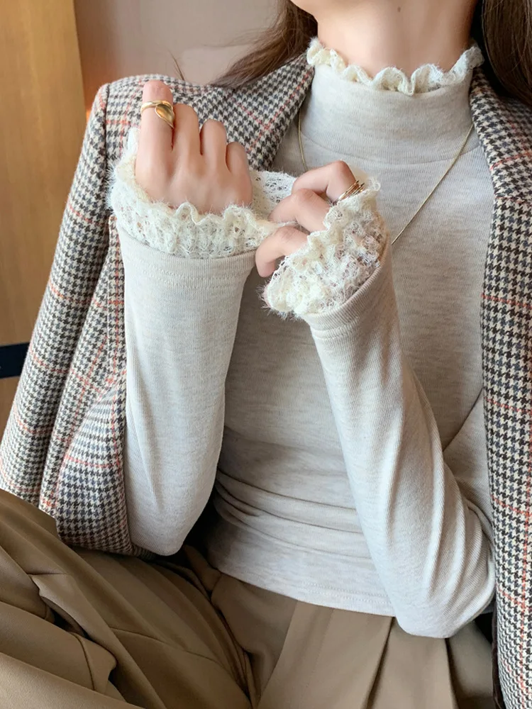 

Кружевная рубашка с полуводолазкой, женский осенне-зимний облегающий свитер с нитками, кружевной вязаный свитер с верхом