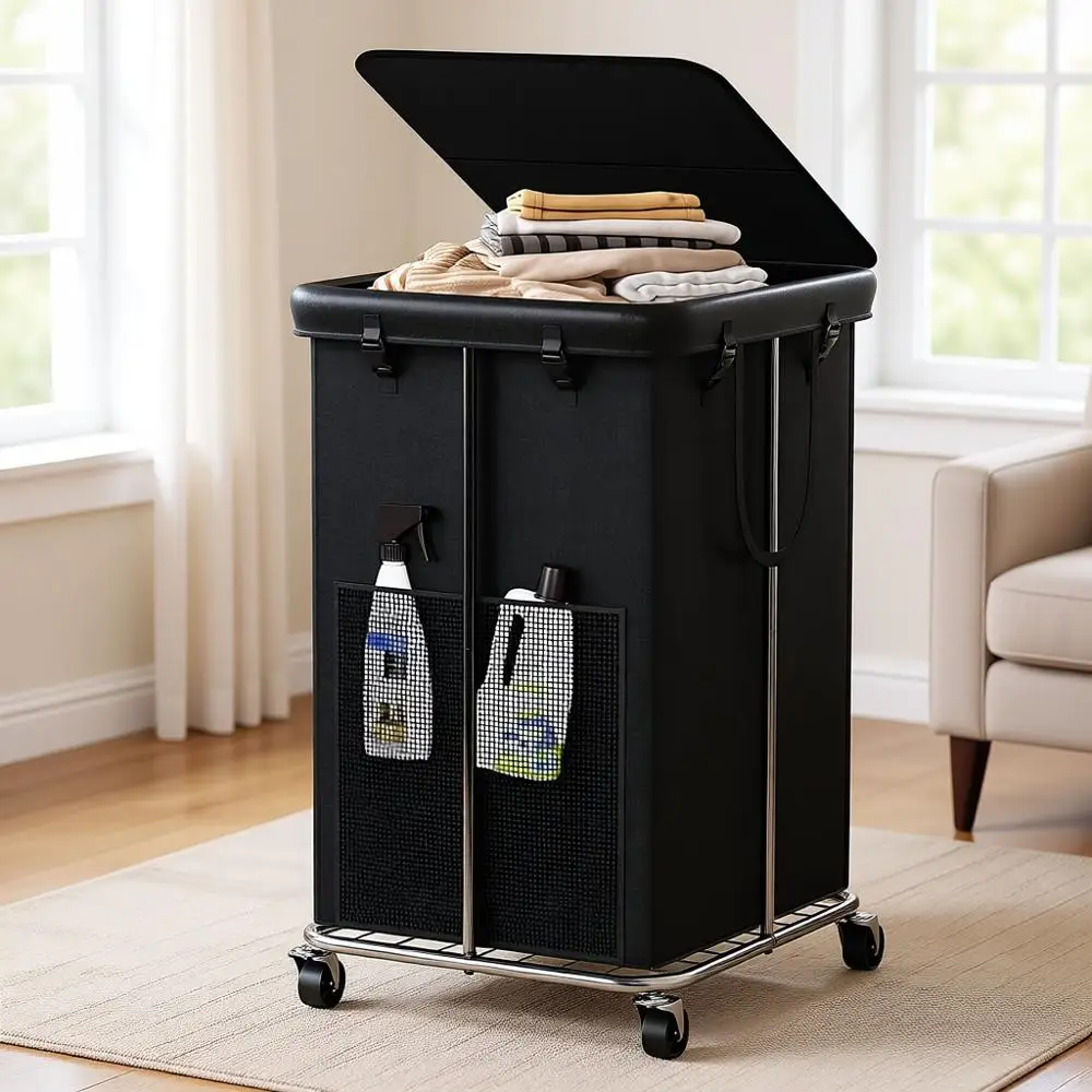 

Большая корзина для белья на колесиках, 40 галлонов, с крышкой, съемным мешком и металлическим каркасом, для спальни, прачечной или общежития (черная)