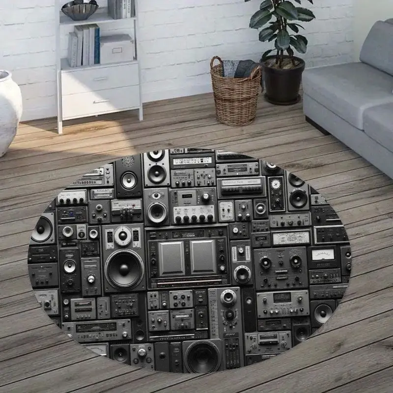 1pc Audio Equipment Print Round Rug Flannel Retro Floor Mat Music Studio Decor
