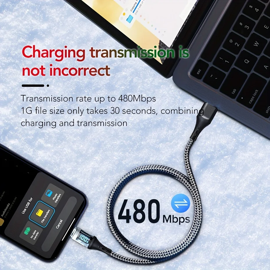 120W High-Speed PD Fabric Round USB to Type-C Charge Cable for Mobile Phones Fast Charging 36V Operating Voltage USB Power Mode