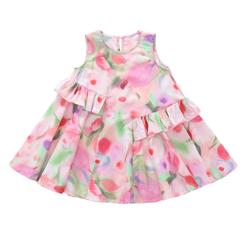 

Korean Version Sleeveless Pleated Dress Flower Color Round Neck Children's Clothes Summer Kids Dresses for Girls Wear