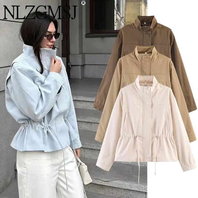 Nlzgsmj 2026 New Spring Autumn Women Stand Collar Drawstring Waist Jacket Loose Long Sleeve Casual Parka Coat