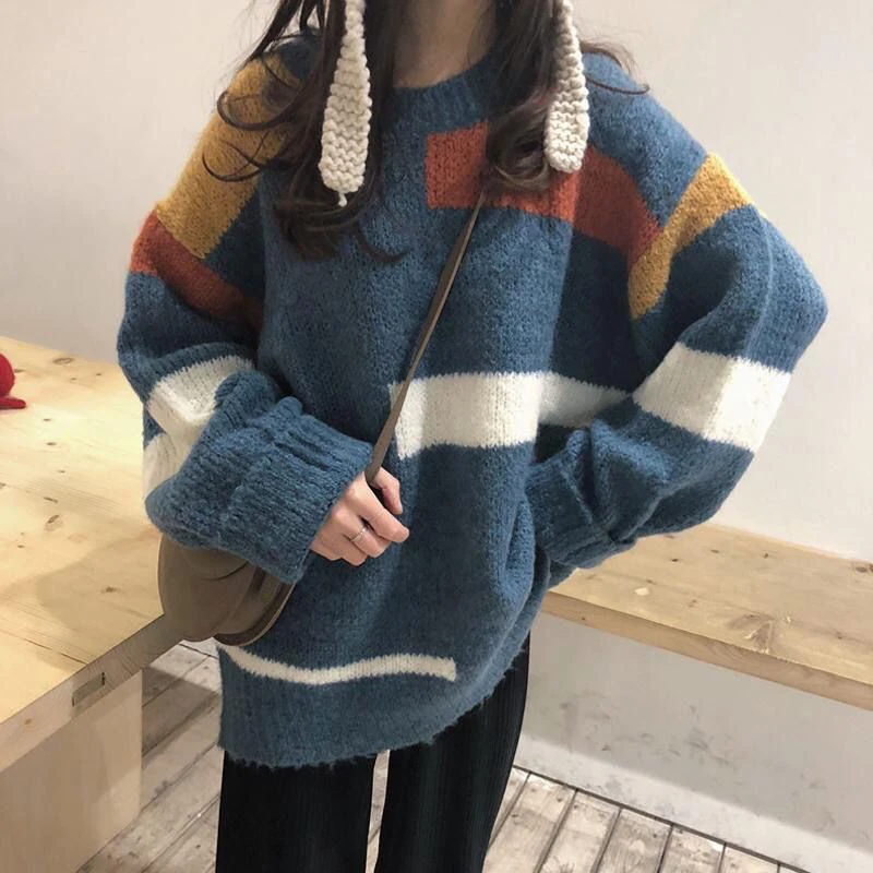 Harajuku Knitted Sweater Women Korean Patchwork Striped Loose Mid Length Pullover Fashion Casual Preppye Style Retro Sweater New