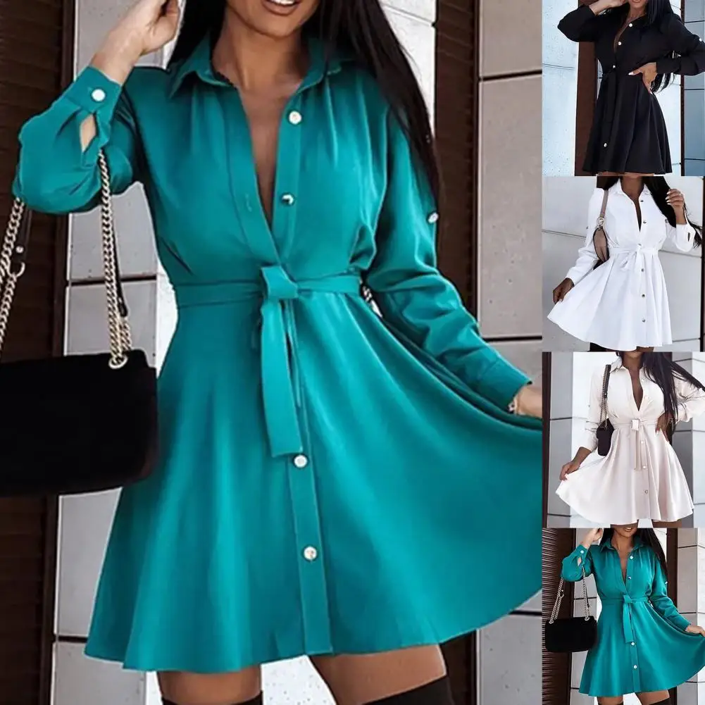 

Autumn Dress Soft Fabric High Waist Lightweight Pure Color Single Breasted Mini Party Dress Office Dress Intellectual