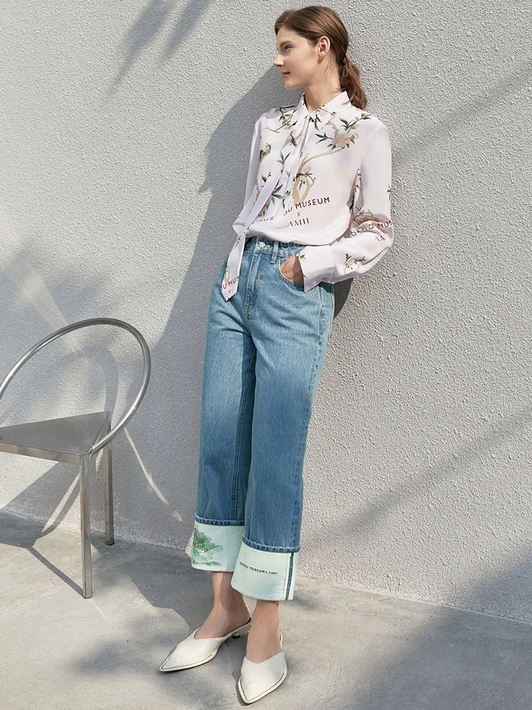 Amii Minimalism Straight Jeans for Women Summer 2022  Loose High Waist Pants Turn-down Printed Casual Female Trousers 12240284