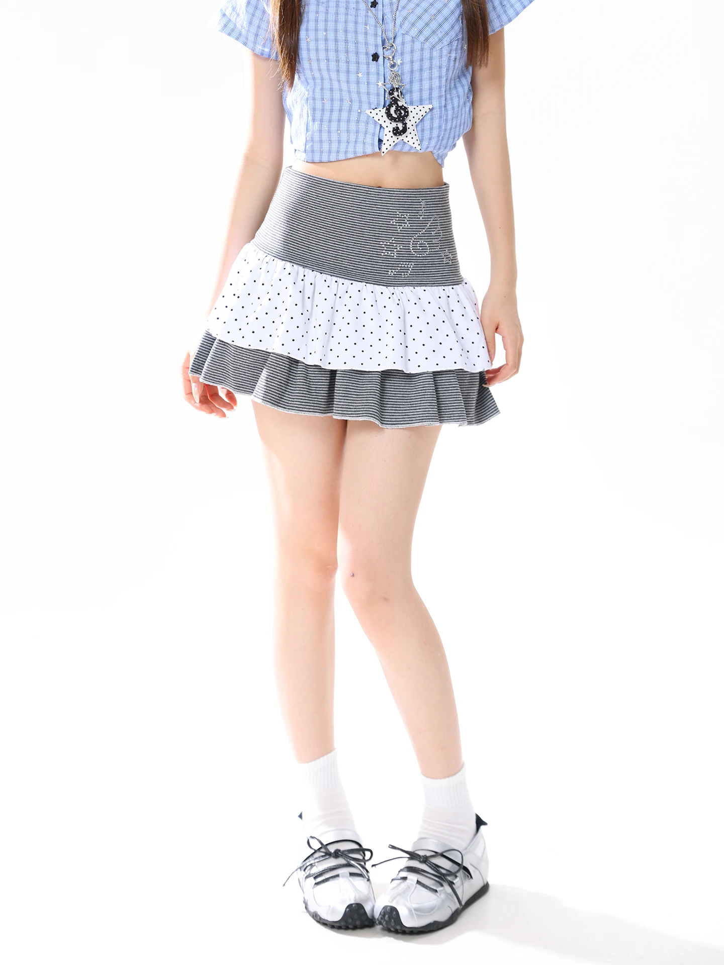 High Waist Puffy  Skirt with Polka Dot Splicing Cake Style Short Skirts for Women Summer Fashion Semi-Body Skirts