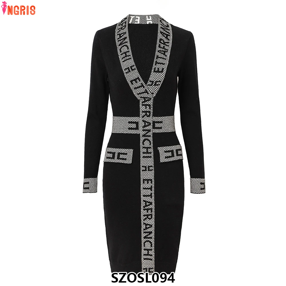 

2025 new women's long-sleeved v-neck dress fashionable and elegant tight-fitting knitted casual dress-SZOSL094