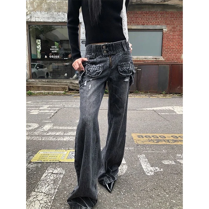 

Осень 2021, женские джинсы с высокой талией в стиле хип-хоп, Mutil Pockets, уличная одежда, повседневные винтажные мешковатые джинсовые брюки, широкие брюки