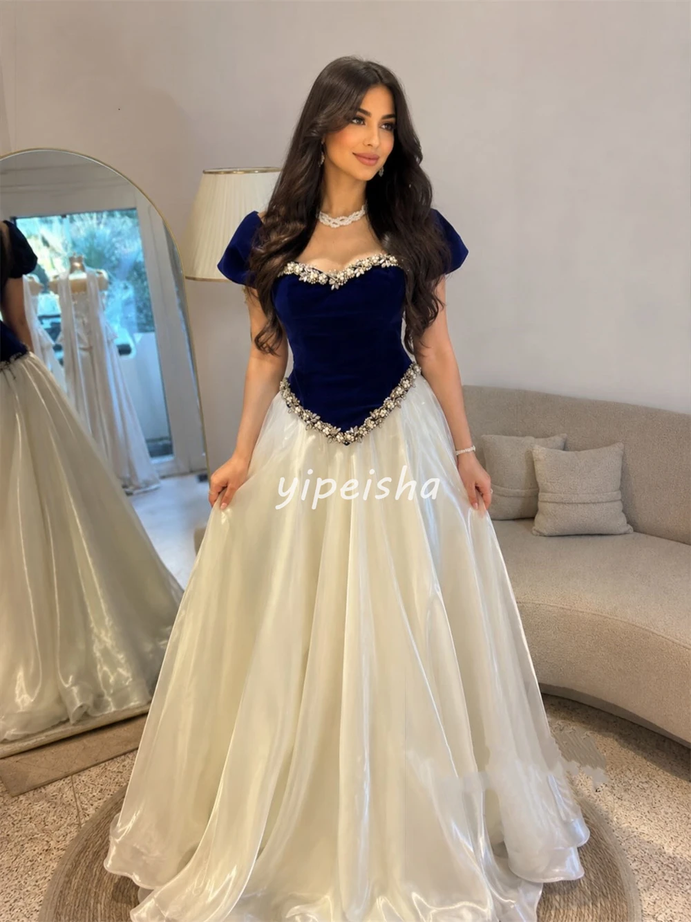 Customized High Quality Women Jersey Rhinestone Beading A-Line Evening Dresses Fashion Square Neck Short Sleeves Prom Dresses