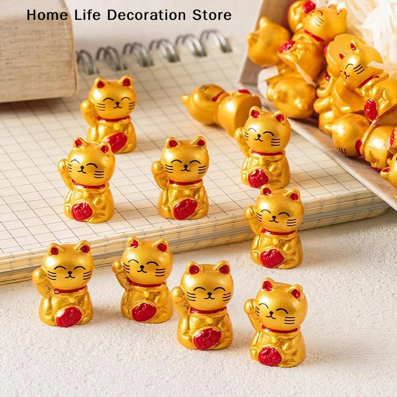 10pcs Cute Wealth Lucky Gold Cat Resin Craft Mini Animal Ornament for Shop Counter DIY Decoration
