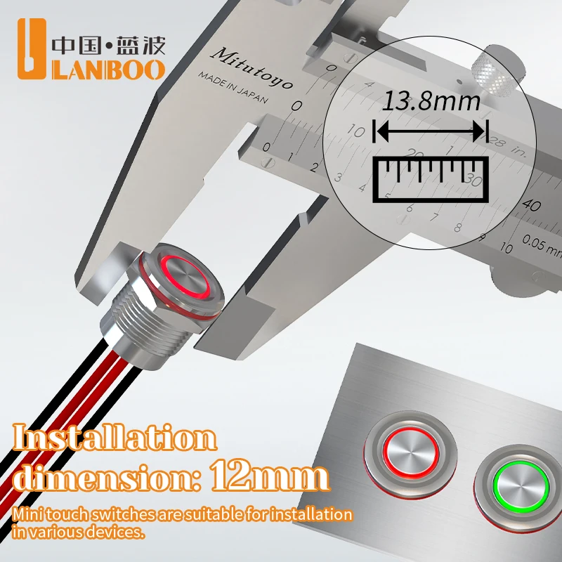 LANBOO 12MM IP67 Waterproof Tact Metal Push Button Switch Pre-wired Micro Current 5-24V/220V 1NO