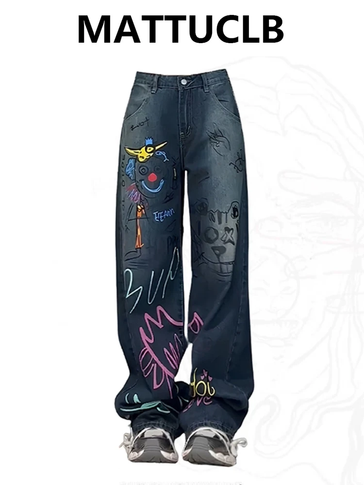 

2025 Autumn Winter Women's Print Blue Denim Pants Y2K High Street Hip-pop Baggy Jean Japanese Harajuku Jean Tide High Quality
